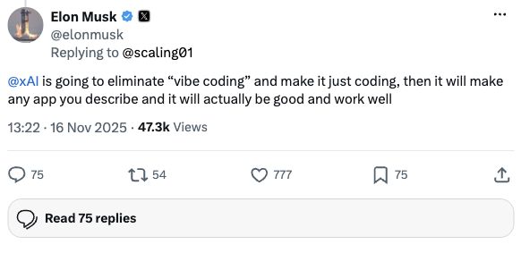 Скриншот X-поста: Elon Musk про vibe coding