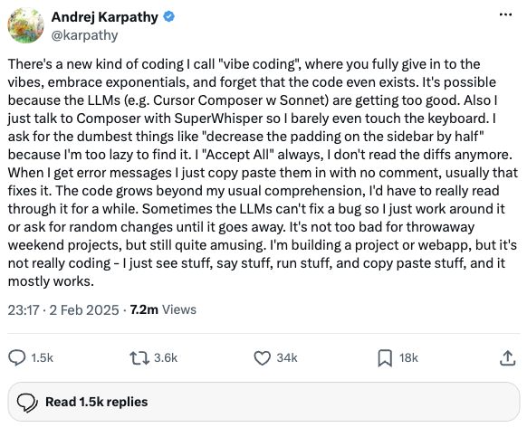 Скриншот X-поста: Andrej Karpathy про vibe coding