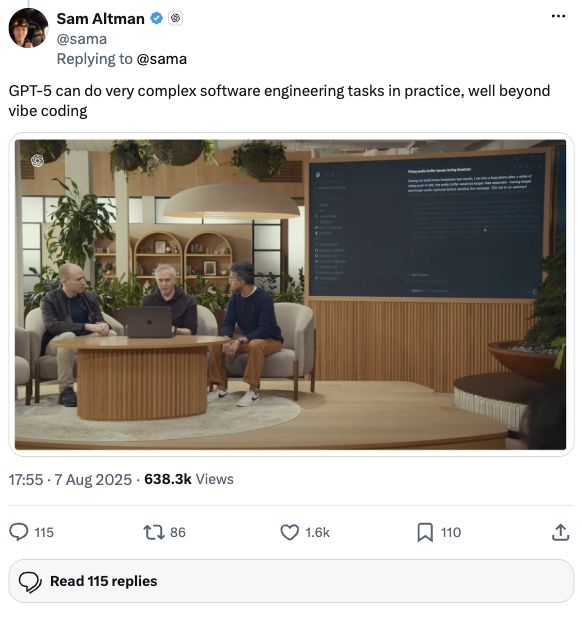 Скриншот X-поста: Sam Altman про vibe coding