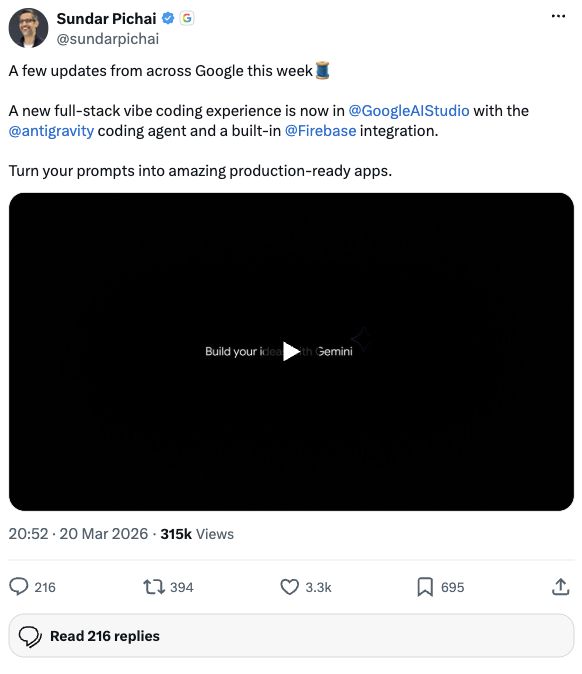 Скриншот X-поста: Sundar Pichai / Google про vibe coding
